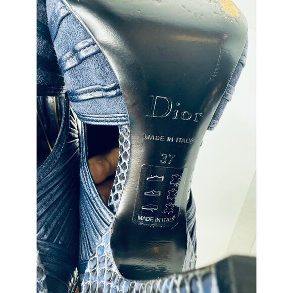 Christian Dior vintage Navy Snakeskin Embossed Open Toe Cutout Booties Size 37 - Picture 6 of 7